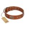 "Great Obelisk" Handcrafted FDT Artisan Tan Leather Dog Collar with Large Plates and Pyramids