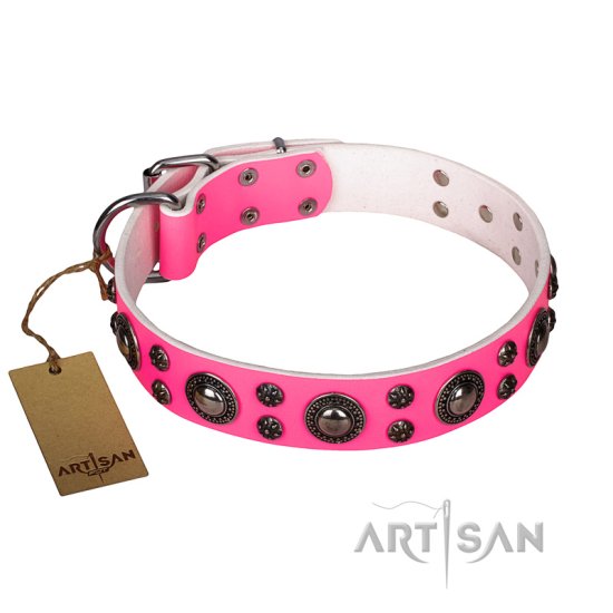 "Rich Berry" FDT Artisan Extravagant Pink Leather Dog Collar with Decorations