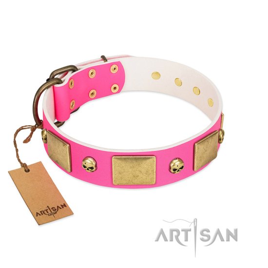 "Glammy Voyage" FDT Artisan Pink Leather Dog Collar with Stylish Bronze-like Decorations
