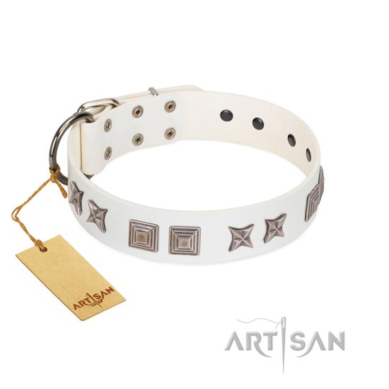 "Mister Perfection" Designer Handmade FDT Artisan White Leather Dog Collar