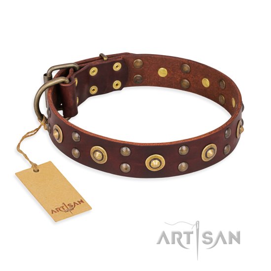 "Caprice of Fashion" FDT Artisan Brown Leather Dog Collar with Round Decorations