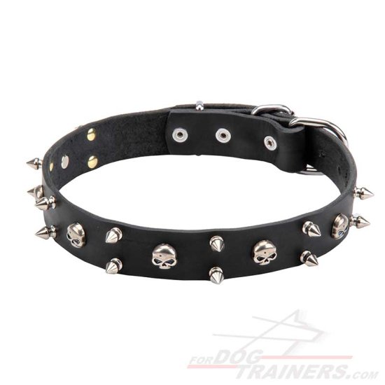 "Jolly Roger" Leather Dog Collar with Skulls and 2 Rows of Spikes