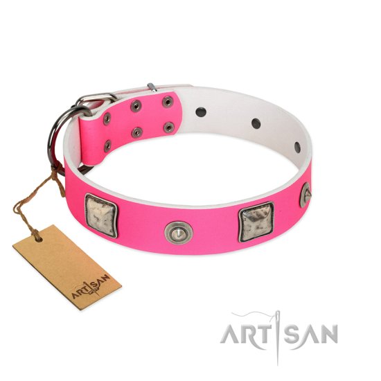 "Girlish Look" Designer FDT Artisan Pink Leather Dog Collar with a Mix of Silver-Like Decorations