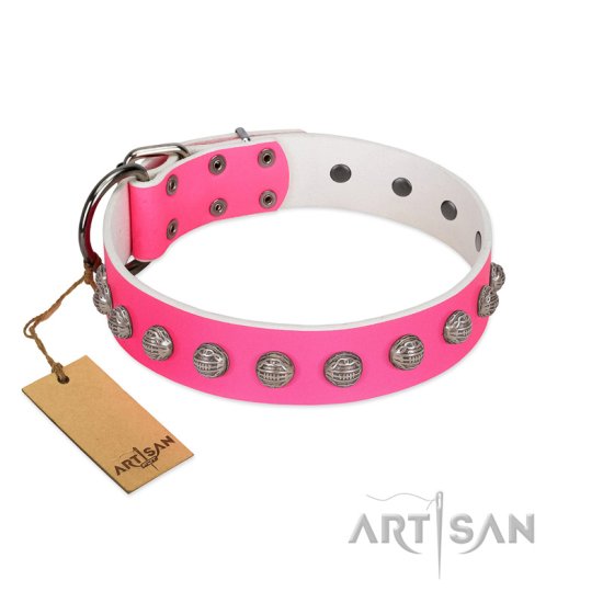 "Romantic Spirit" Handcrafted FDT Artisan Pink Leather Dog Collar with Studs - Click Image to Close