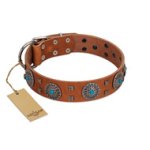 "Blue Sands" FDT Artisan Tan Leather Dog Collar with Silver-like Studs and Round Conchos with Stones