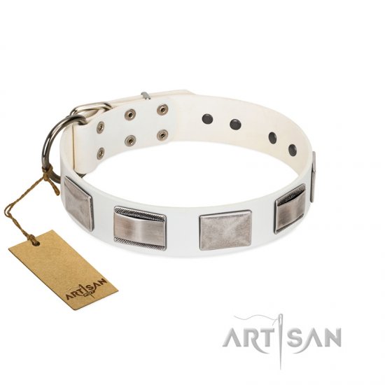 "Snow White" FDT Artisan Beautiful Natural Leather Dog Collar with Nickel Decorations