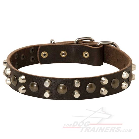 Wide Leather Dog Collar with 3 Rows of Pyramids and Studs