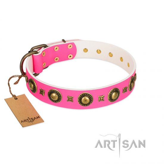 "Pink Sweetie" FDT Artisan Wonderful Pink Leather Dog Collar with Brass Decorations