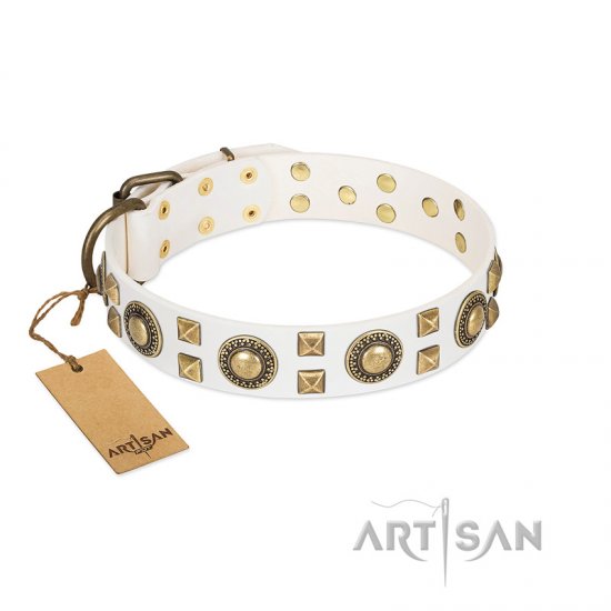 "Medieval Adornments" FDT Artisan Gorgeous White Leather Dog Collar with Brass Decorations