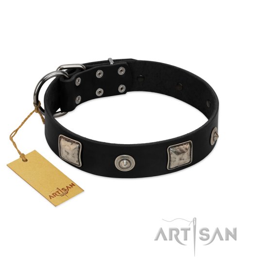 "Black Favorite" Exclusive FDT Artisan Black Leather Dog Collar with Silver-Like Decorations