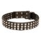 Wide Leather Dog Collar with 3 Rows of Nickel-plated Pyramids