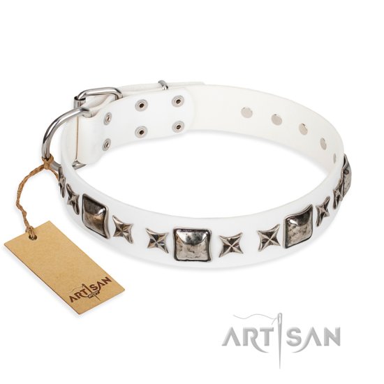 'Intergalactic Travelling' FDT Artisan Handcrafted White Leather Dog Collar
