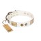 "Noble Impulse" FDT Artisan White Leather Dog Collar Adorned with Antique Plates and Studs
