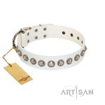 "Ancient Adornments" FDT Artisan Fancy White Leather Dog Collar with Silver-Like Decorations