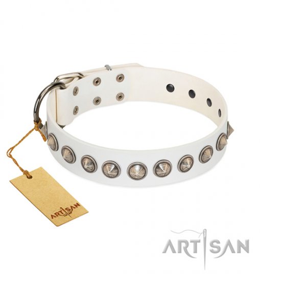 "Ancient Adornments" FDT Artisan Fancy White Leather Dog Collar with Silver-Like Decorations