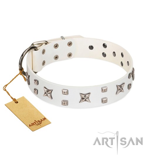 "Star Patrol" FDT Artisan White Leather Dog Collar Adorned with Stars and Studs