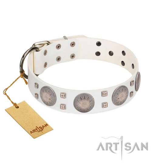 "Mighty Shields" FDT Artisan White Leather Dog Collar with Chrome Plated Shields and Square Studs