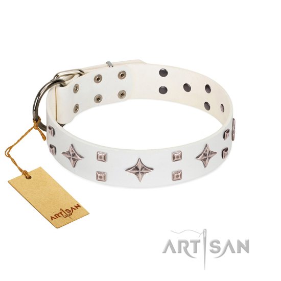 "The Milky Way" FDT Artisan White Leather Dog Collar Adorned with Stars and Tiny Squares - Click Image to Close