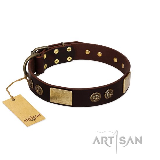 "Bow-Wow Effect" FDT Artisan Brown Leather Dog Collar with Plates and Ornate Studs - Click Image to Close