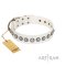 "Ancient Adornments" FDT Artisan Fancy White Leather Dog Collar with Silver-Like Decorations