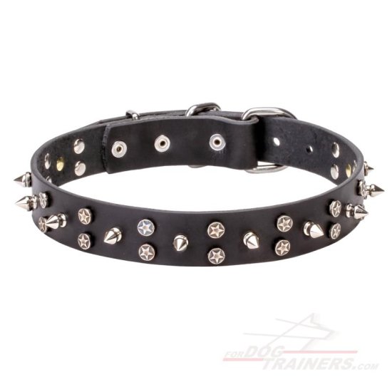 'Star-studded Sky' Leather Dog Collar with Chrome Plated Hardware