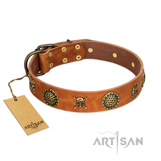 "Mysterious Beauty" FDT Artisan Tan Leather Dog Collar with Brass Decorations