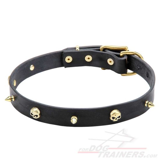 "Rock the Goth" Leather Dog Collar with Brass Spikes and Skulls