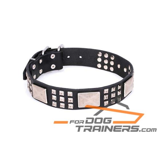 'Power'n'Strength' Premium Leather Dog Collar with Old Silver-Like Decoration 1 1/2 inch (40 mm) wide