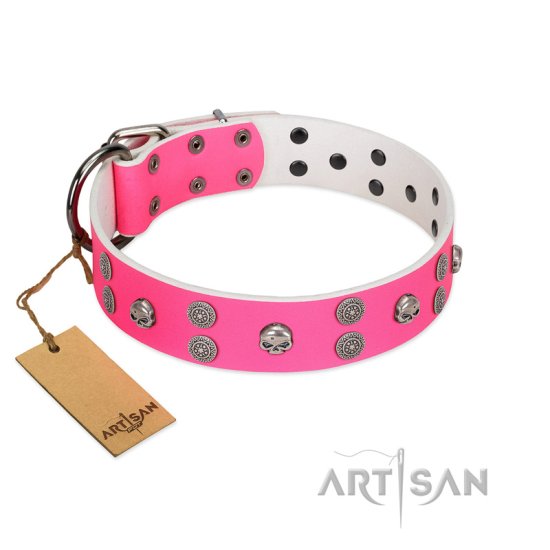 "Spiffy Style" Handcrafted FDT Artisan Pink Leather Dog Collar with Skulls