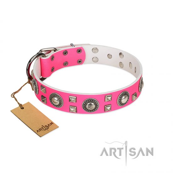 "Pink Princess" FDT Artisan Beautiful Pink Leather Dog Collar with Old Silver-Like Decorations