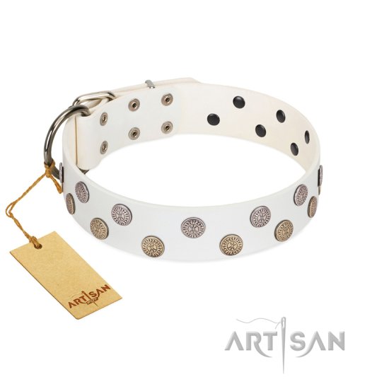 "Past Civilizations" FDT Artisan White Leather Dog Collar with Unique Medallions with Ancient Symbols