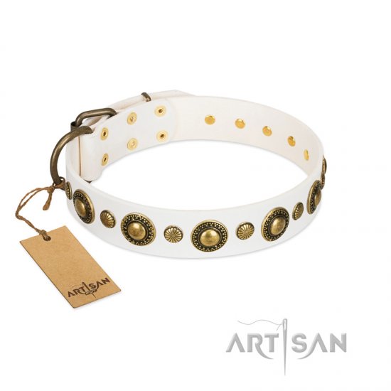 "Snowy Beauty" FDT Artisan Beautiful Natural Leather Dog Collar with Brass Decorations