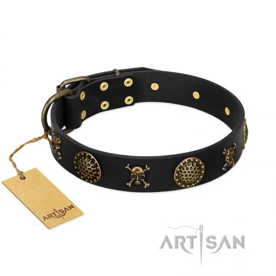 "Dangerous Beauty" FDT Artisan Fancy Black Leather Dog Collar with Brass Decorations