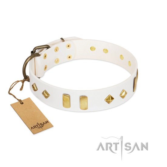 "Hella Cool" FDT Artisan White Leather Dog Collar Adorned with Plates and Rhombs