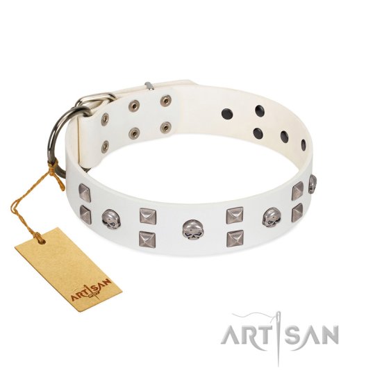 "Rock the Sky" Durable FDT Artisan White Leather Dog Collar with Chrome-plated Decorations