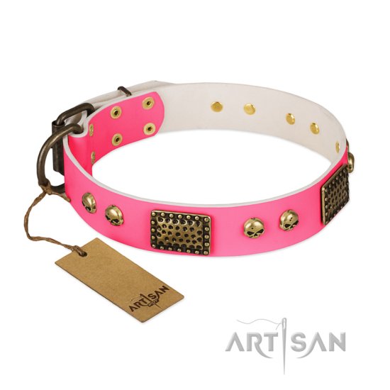 'Vintage and Glamour' FDT Artisan Pink Leather Dog Collar with Old Silver Look Plates and Skulls - 1 1/2 inch (40 mm) wide