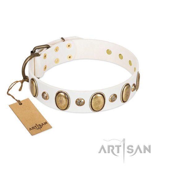 "Milky Lagoon" FDT Artisan White Leather Collar with Vintage Looking Oval and Round Adornments