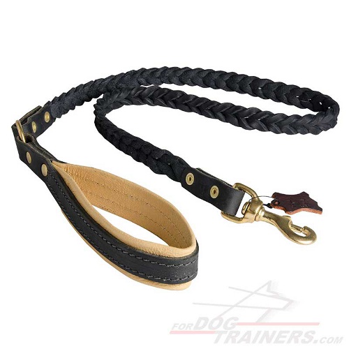 Designer Braided Leather Dog Leash with Nappa Padded Handle Designer Braided Leather Dog Leash with Nappa Padded Handle