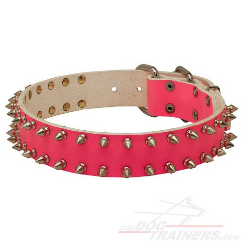 Original Pink Leather Dog Collar with Spikes for Fancy Walking